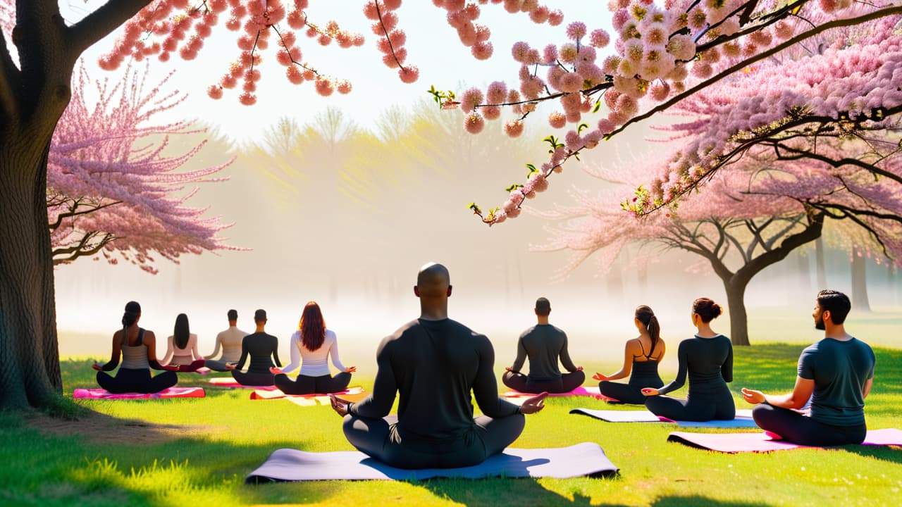  a serene nature scene featuring a tranquil yoga class under a blooming cherry blossom tree, surrounded by diverse individuals practicing mindfulness, with elements of healthy food, meditation, and natural healing items scattered around. hyperrealistic, full body, detailed clothing, highly detailed, cinematic lighting, stunningly beautiful, intricate, sharp focus, f/1. 8, 85mm, (centered image composition), (professionally color graded), ((bright soft diffused light)), volumetric fog, trending on instagram, trending on tumblr, HDR 4K, 8K