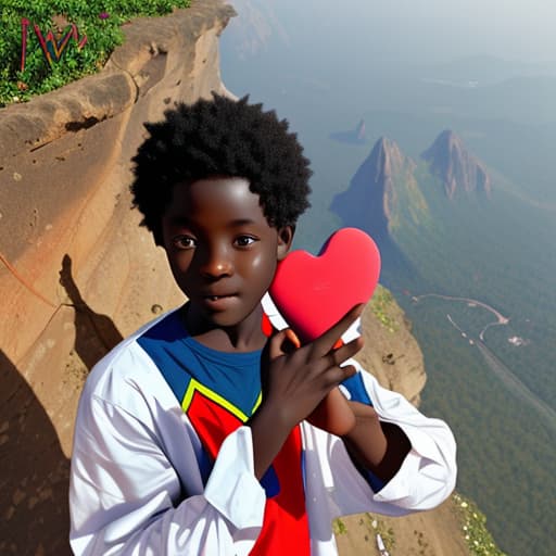  Ghanaian boy holding a heart in his hands on a mountain