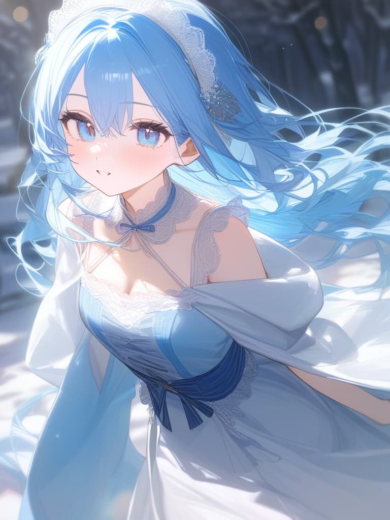  girls, white skin, light blue kimonos, light blue eyes, blue eyes, white gradation hair color, long hair, meiji, snow, cute face, frill lace, headdress, solo, masterpiece, best quality,8k,ultra detailed,high resolution,an extremely delicate and beautiful,hyper detail