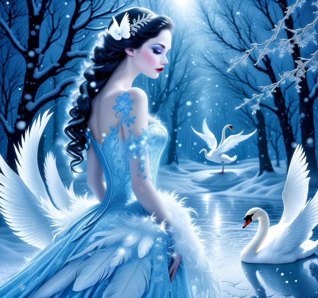  dreamscape thy name is (kiss the snow1,2) . ((key, (ice, blue1,6 sip)) ((blue eyed)) i've been jinxed ((snow singer1,8) . ((snow swan)) ((the snow swan)) feathers at my feet.( feathers flutter and slowly sink into the snow). (snow white swan): the head and body are creamy white with a silvery tint. wings of white blue colour from snowflakes (roses): light blue colour with leaves from ice crystals. background:soft blue with delicate patterns of falling snow and curls of blizzards, ice patterns on water.(style):fantasy, romantic art, silver age poetry, 19th century, dedication. . surreal, ethereal, dreamy, mysterious, fantasy, highly detailed, civitai, hkmagic