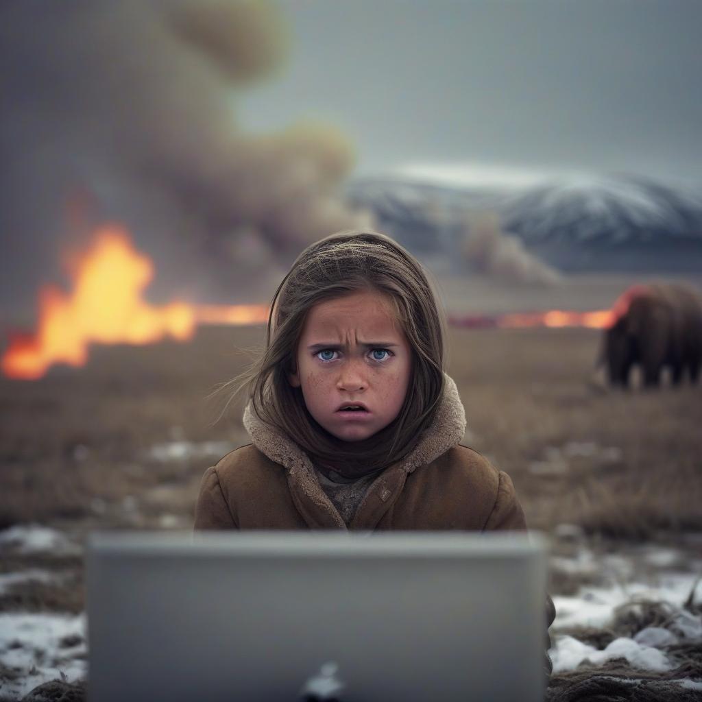  cinematic film still girl pithecanthrope. busy at the computer. dutifully looking into the eyes. troubled person. little clothes. cold and blizzard. mammoth in the background. flaming field. . shallow depth of field, vignette, highly detailed, high budget, bokeh, cinemascope, moody, epic, gorgeous, film grain, grainy