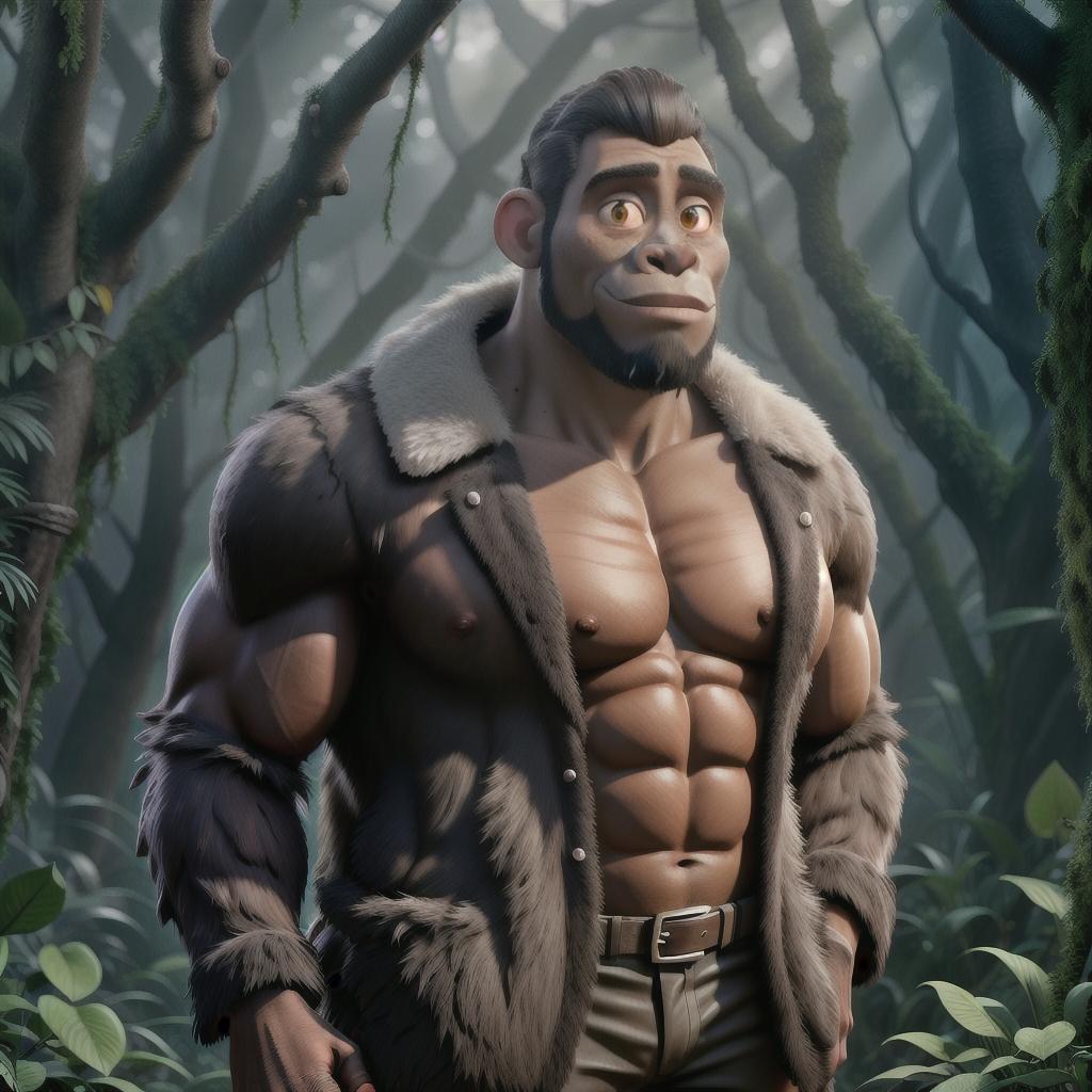  A man and and a scary gorilla in jungle hyperrealistic, full body, detailed clothing, highly detailed, cinematic lighting, stunningly beautiful, intricate, sharp focus, f/1. 8, 85mm, (centered image composition), (professionally color graded), ((bright soft diffused light)), volumetric fog, trending on instagram, trending on tumblr, HDR 4K, 8K