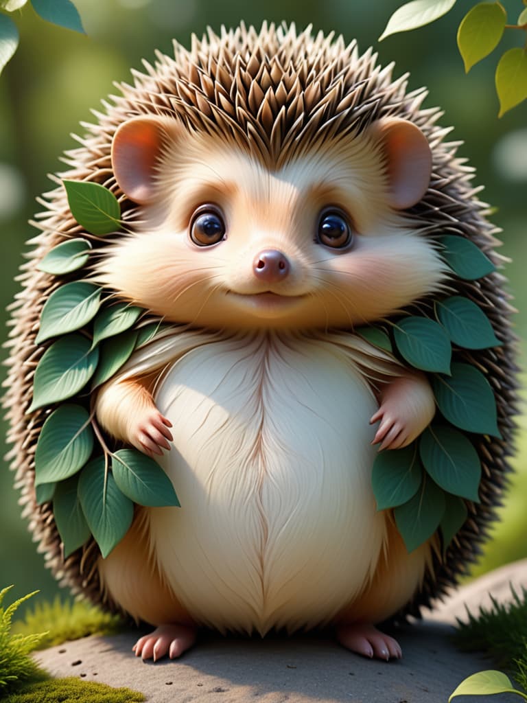  the trees, the wind, the hedgehog rolls, the leaves fly, a small, round hedgehog, a brown peg on its back, and the timidness revealed in its eyes. it likes to convulse into balls photo realistic, highly intricate and detailed, masterpiece, ultra high res,photography,8k resolution