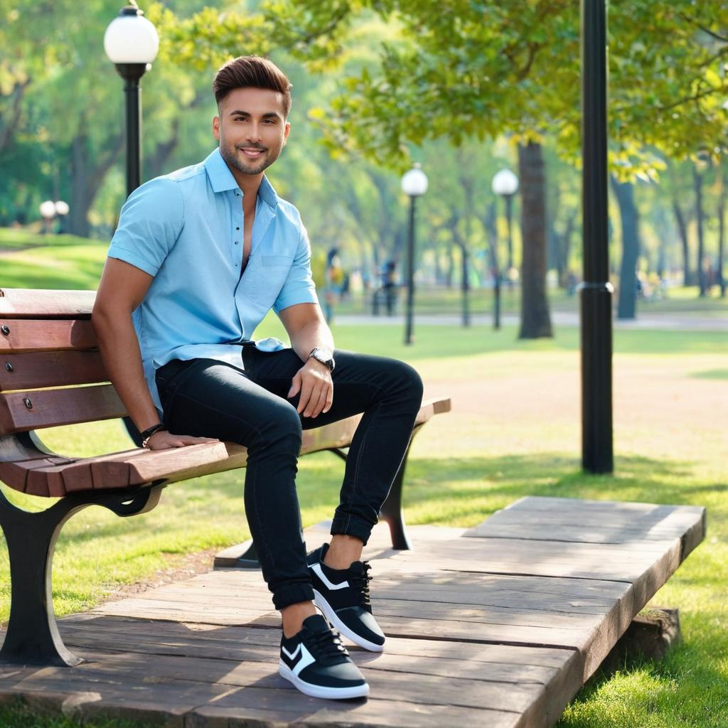  a person wearing a casual outfit, consisting of a light blue button up shirt, dark jeans, and black sneakers, sitting on a wooden bench in a park on a sunny day.