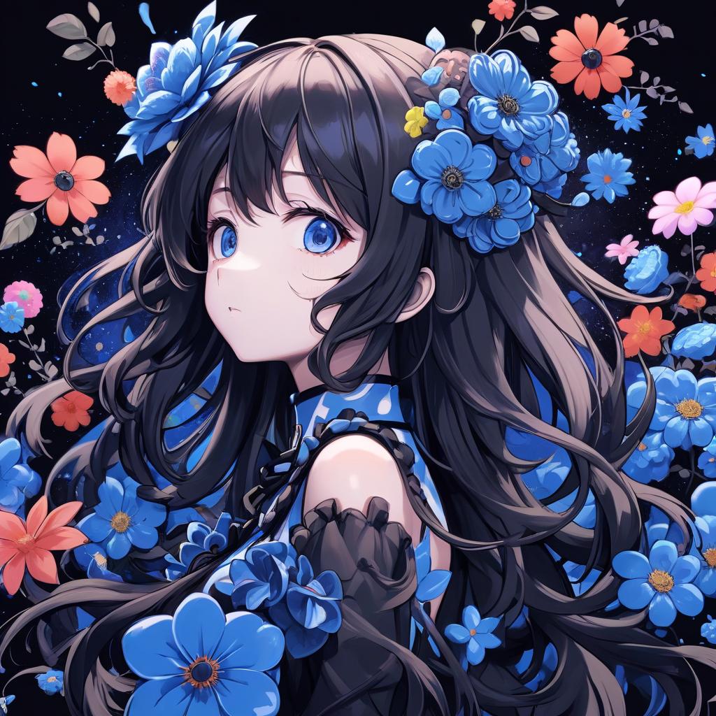  anime artwork anime art, flower licorice, blue, black background . anime style, key visual, vibrant, studio anime, highly detailed