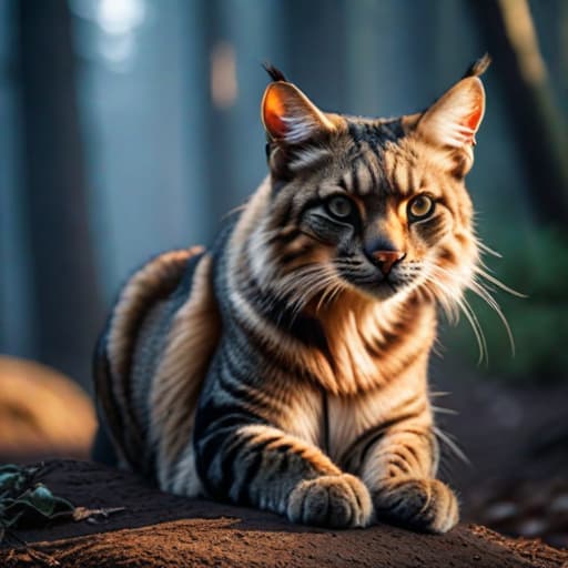   wild cat hyperrealistic, full body, detailed clothing, highly detailed, cinematic lighting, stunningly beautiful, intricate, sharp focus, f/1. 8, 85mm, (centered image composition), (professionally color graded), ((bright soft diffused light)), volumetric fog, trending on instagram, trending on tumblr, HDR 4K, 8K