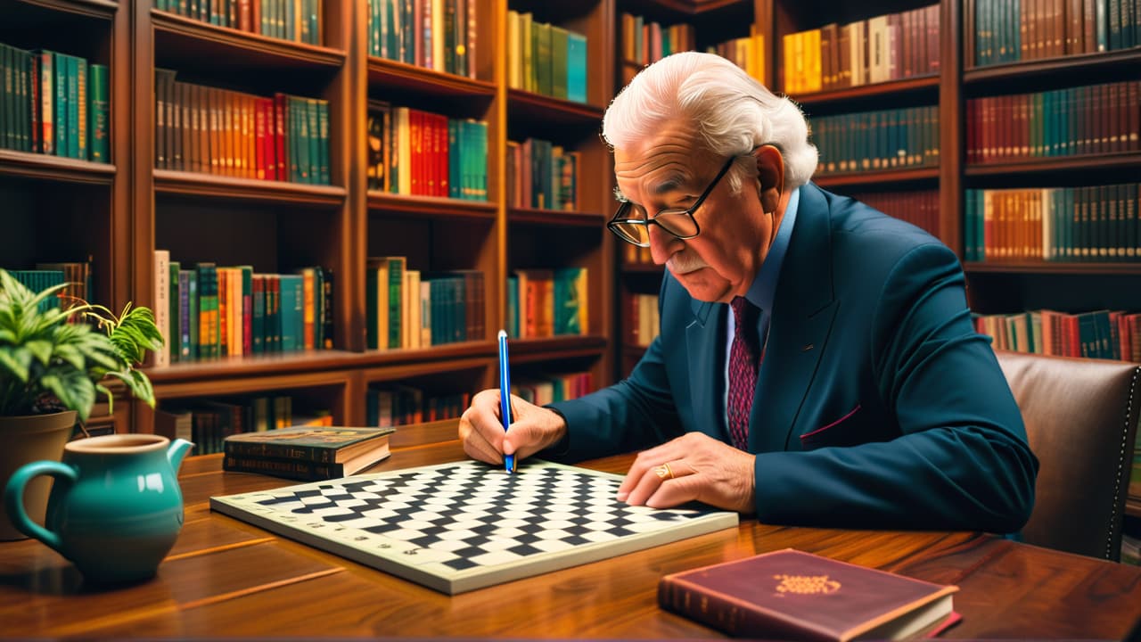  a serene study room with a wooden desk, scattered crossword puzzles, a steaming cup of tea, and a thoughtful elderly person solving a puzzle, surrounded by bookshelves filled with colorful books and plants. hyperrealistic, full body, detailed clothing, highly detailed, cinematic lighting, stunningly beautiful, intricate, sharp focus, f/1. 8, 85mm, (centered image composition), (professionally color graded), ((bright soft diffused light)), volumetric fog, trending on instagram, trending on tumblr, HDR 4K, 8K