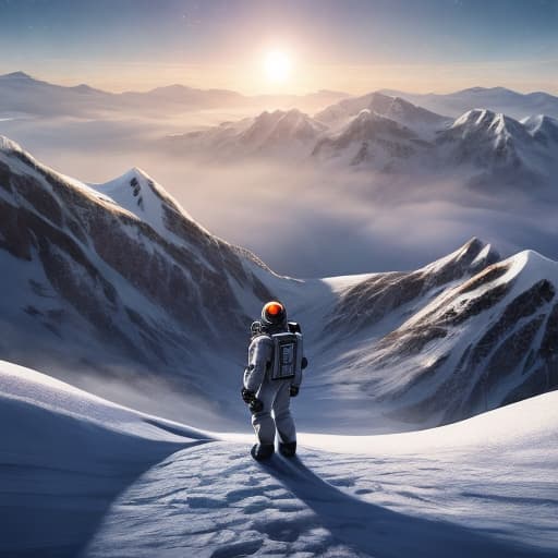  Astronaut in the high mountains in the snow, in the background the spaceship, low sun hyperrealistic, full body, detailed clothing, highly detailed, cinematic lighting, stunningly beautiful, intricate, sharp focus, f/1. 8, 85mm, (centered image composition), (professionally color graded), ((bright soft diffused light)), volumetric fog, trending on instagram, trending on tumblr, HDR 4K, 8K