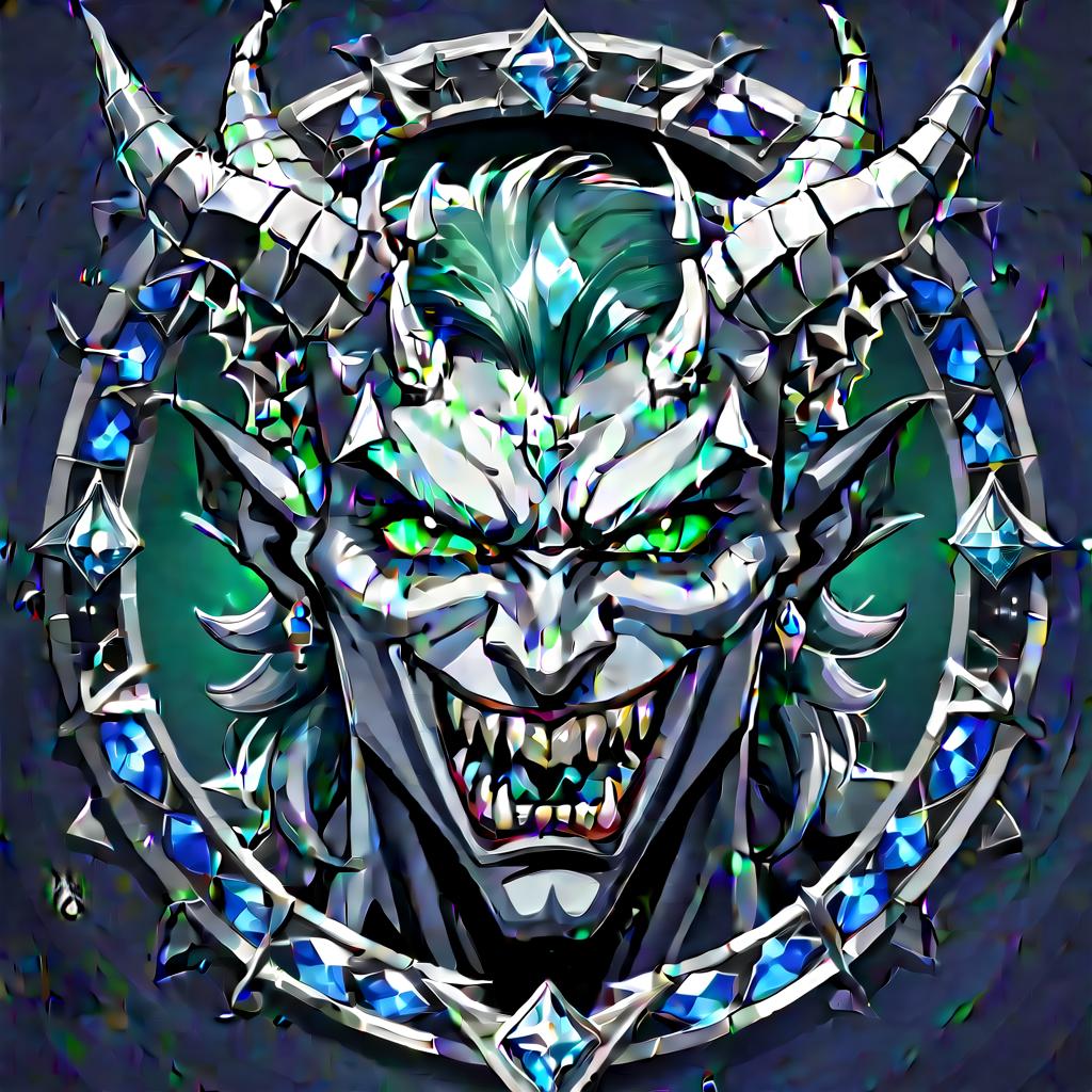  diamond devil, portrait. dark green eyes, man. kind. hair gray. with fangs and horns. colors blue, blue, silver