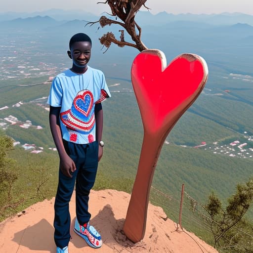  A Ghanaian boy standing beside a clean decorated human heart on top of a mountain