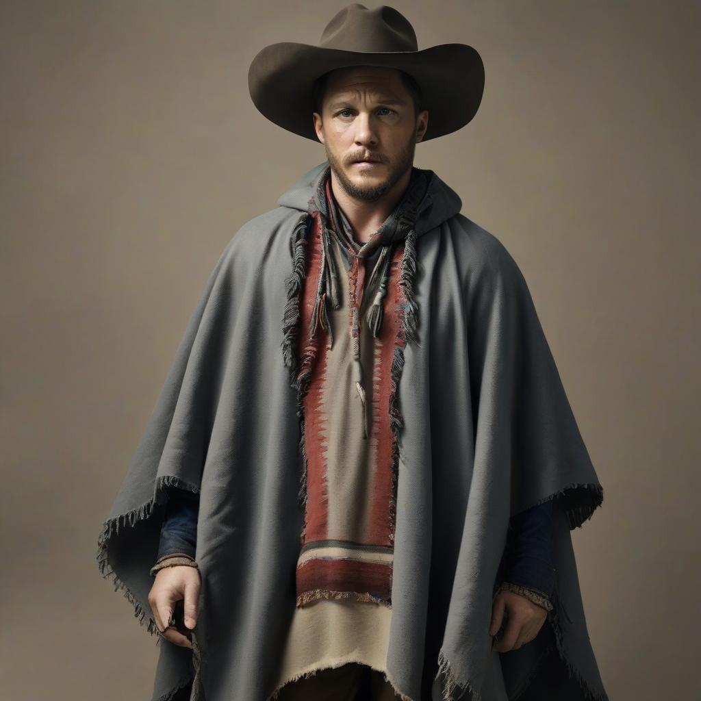  cowboy, tom hardy, full height, in a poncho, in a hat