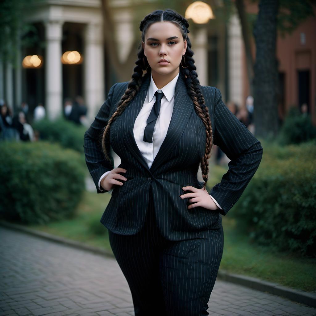  cinematic photo a large girl in a black suit with a huge bust, with braids of black hair, black striped trousers with large hips model . 35mm photograph, film, bokeh, professional, 4k, highly detailed