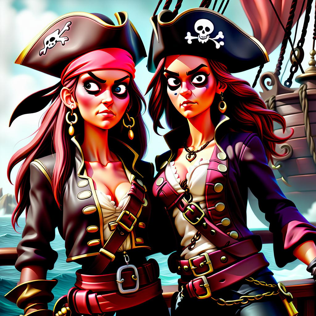  concept art two pirate girls close up . digital artwork, illustrative, painterly, matte painting, highly detailed