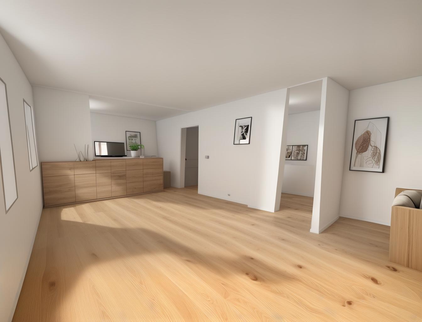  produce a photorealistic rendering of a minimalist living room with a wooden floor. the space should feature a simple, modern sofa as the focal point, with clean lines and neutral colors that complement the natural wood grain of the flooring.