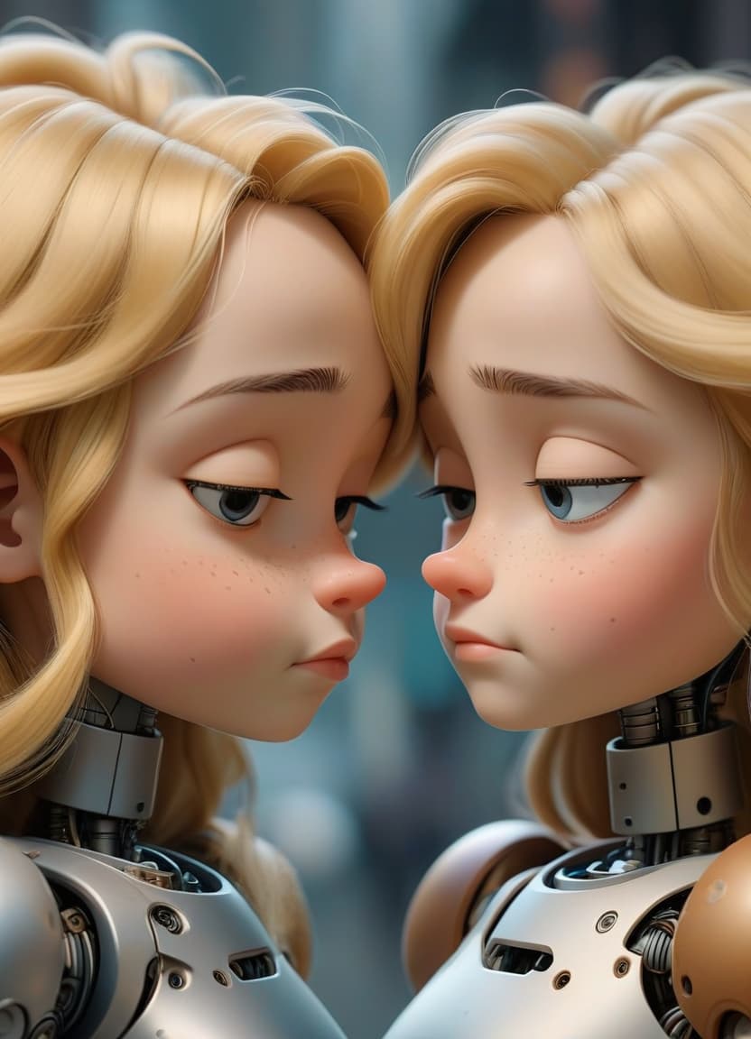   cute sisters on the lips. looking at each other. hugs. . lips . cheeks are plump. noses are small, snub nosed. the faces are beautiful. eyes closed. they have the bodies of robot s. hair is blond.