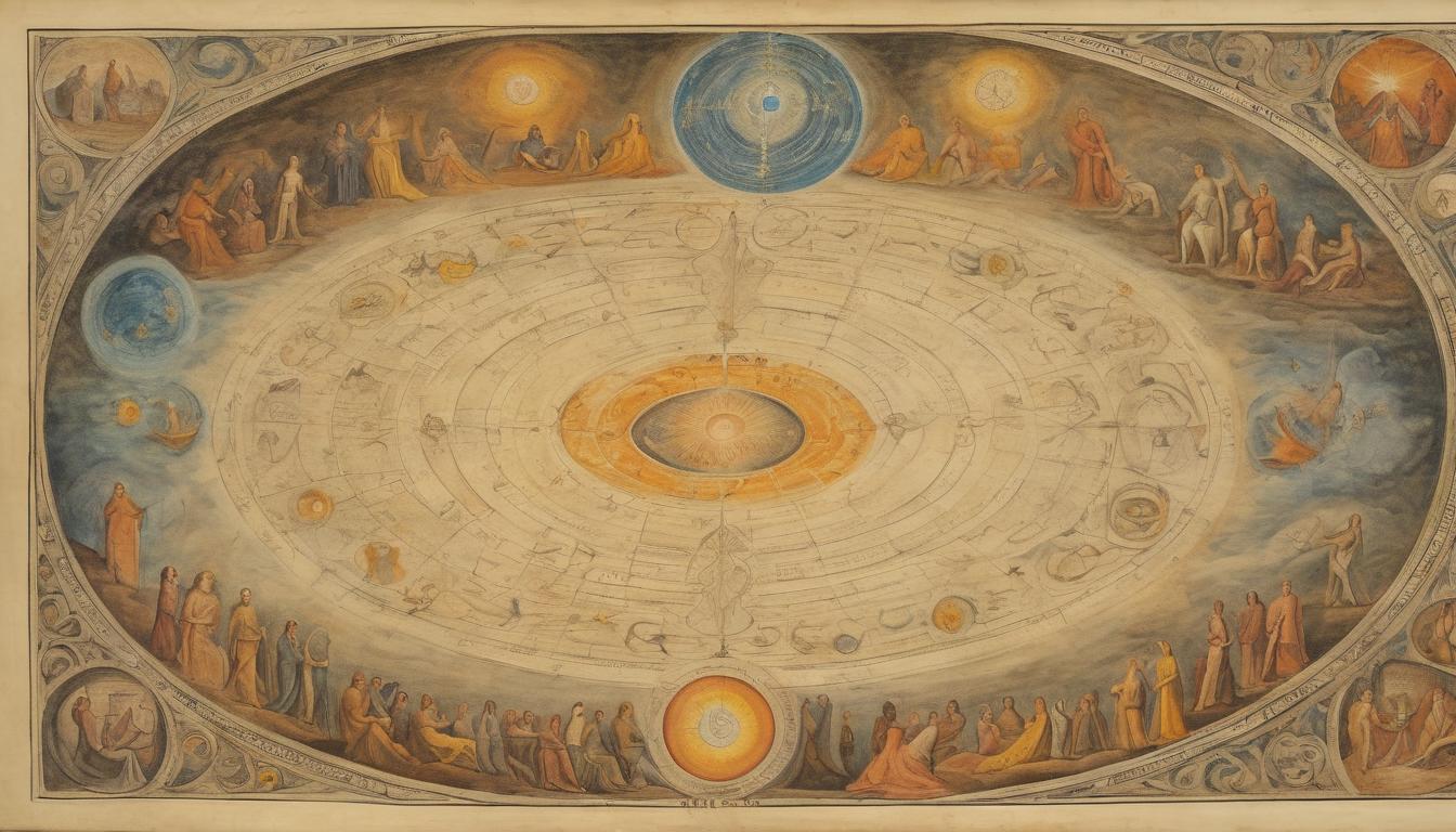  on parchment, surrealism++, an ethereal council chamber, celestial beings in deliberation, cosmic patterns swirling above, luminous auras surrounding each figure, mystical, authoritative(mysterious, provocative, symbolic)++