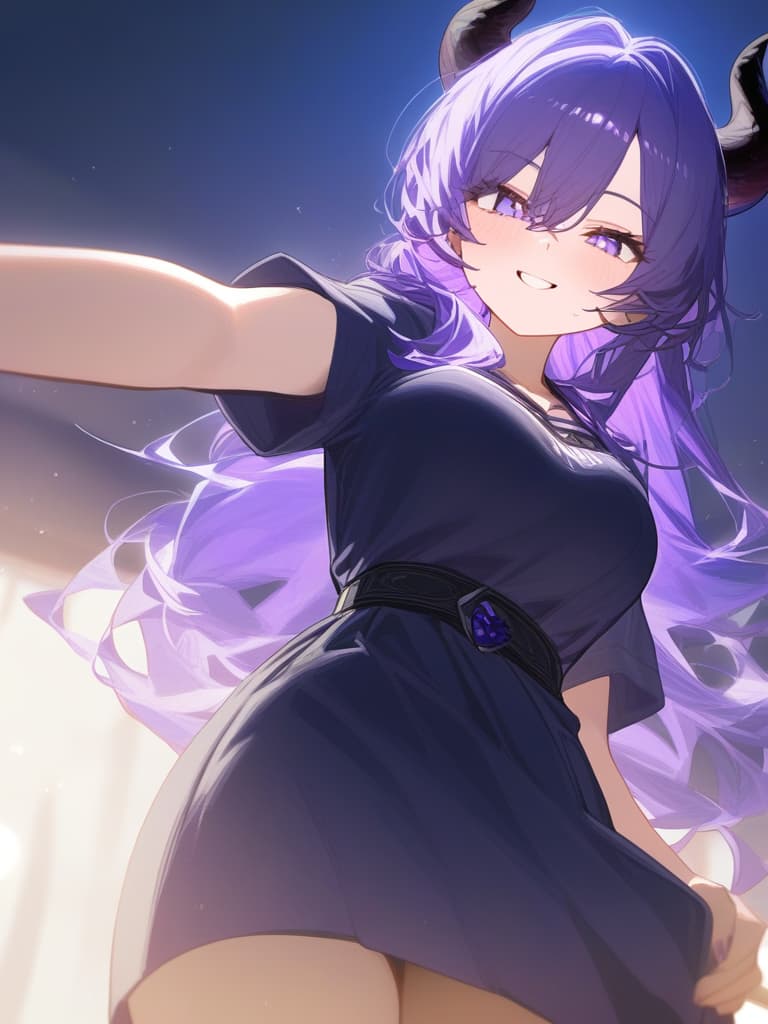  devil, eye, 1girl, best quality, mischievous smile, masterpiece, purple hair, black horns,