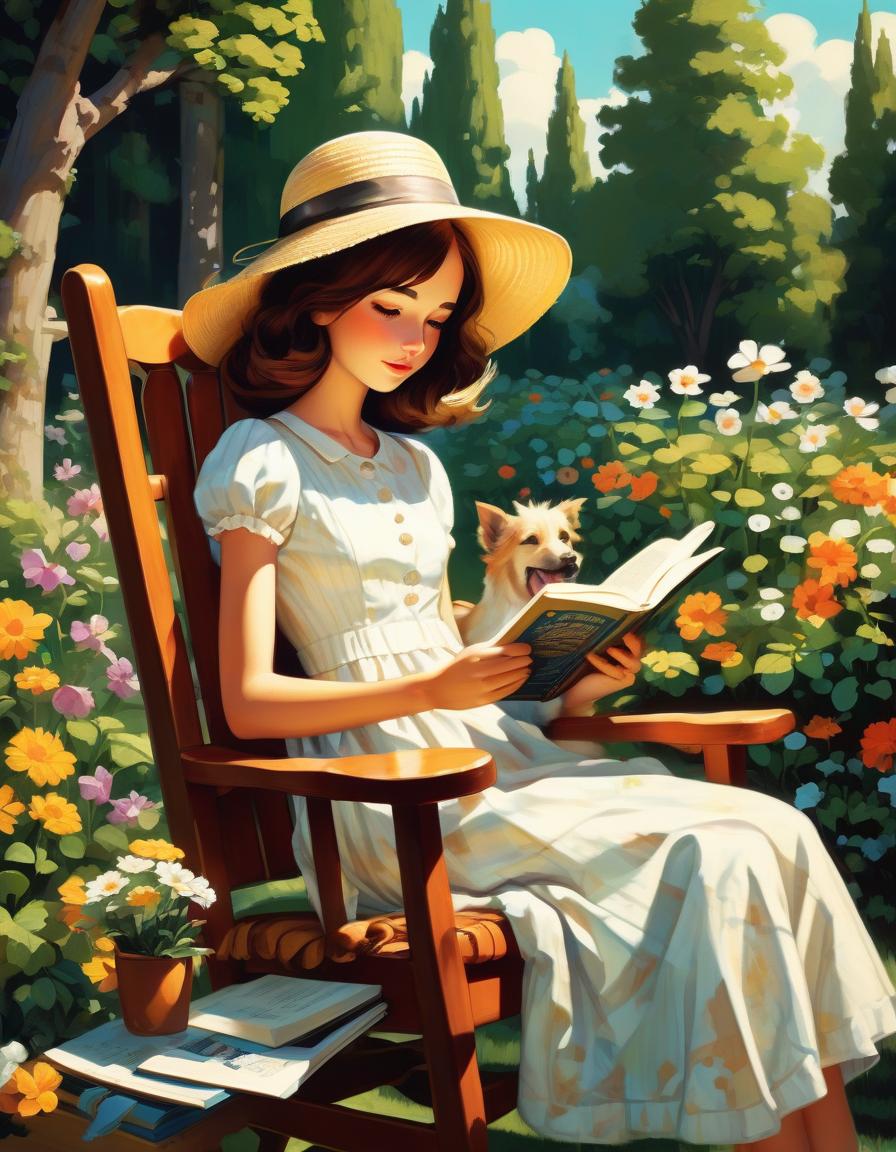  retro game art the girl is very beautiful in the summer garden in a rocking chair reads a book, her hair is beautifully laid in her hair, a summer straw hat, a light cotton sundress, at the feet of the girl there is a hound, white with black spots, a sunny day, green trees are permeated with the sun, picturesque canvas, acrylic paints, . 16 bit, vibrant colors, pixelated, nostalgic, charming, fun