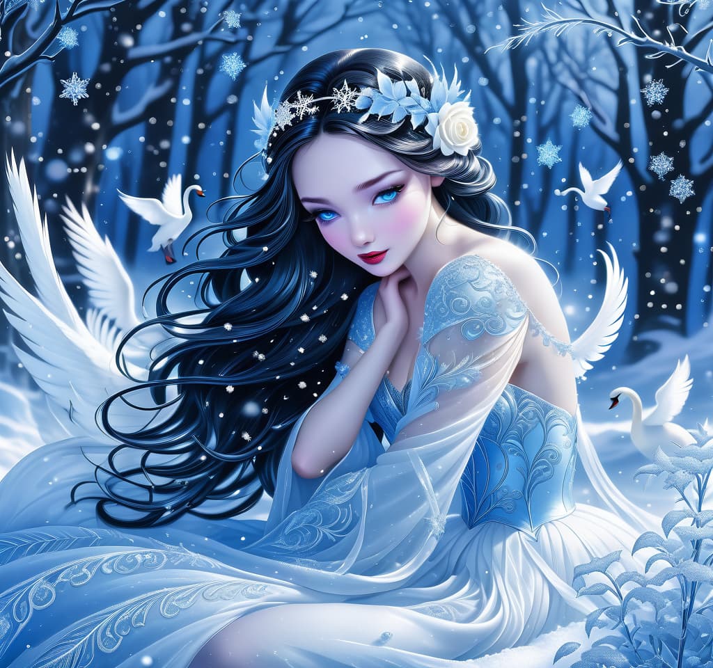  dreamscape thy name is (kiss the snow1,2) . ((key, (ice, blue1,6 sip)) ((blue eyed)) i've been jinxed ((snow singer1,8) . ((snow swan)) ((the snow swan)) feathers at my feet.( feathers flutter and slowly sink into the snow). (snow white swan): the head and body are creamy white with a silvery tint. wings of white blue colour from snowflakes (roses): light blue colour with leaves from ice crystals. background:soft blue with delicate patterns of falling snow and curls of blizzards, ice patterns on water.(style):fantasy, romantic art, silver age poetry, 19th century, dedication. . surreal, ethereal, dreamy, mysterious, fantasy, highly detailed, civitai, hkmagic