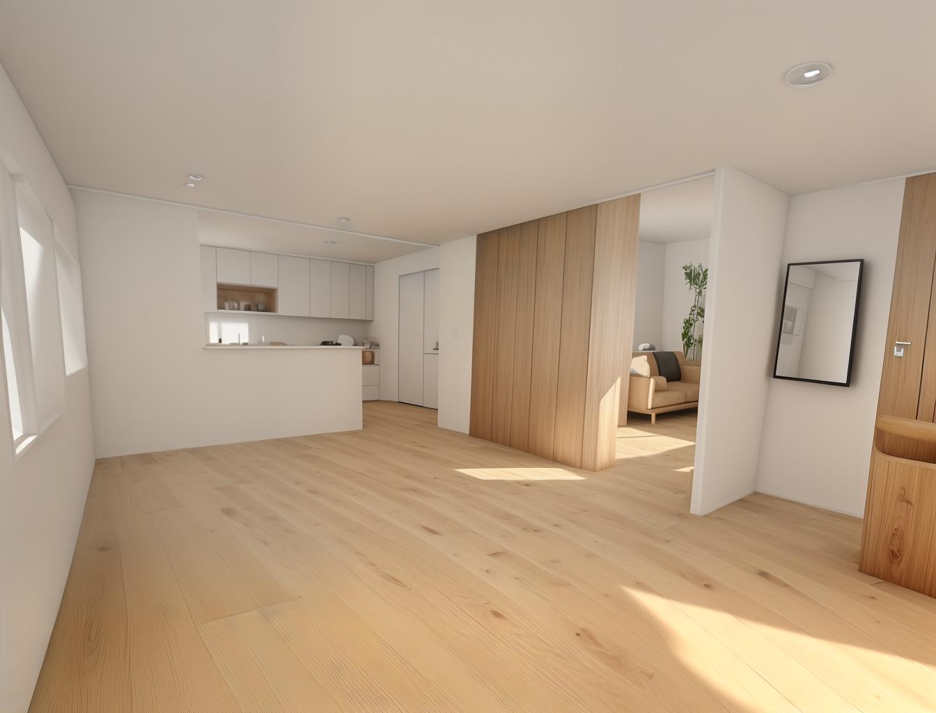  produce a photorealistic rendering of a minimalist living room with a wooden floor. the space should feature a simple, modern sofa as the focal point, with clean lines and neutral colors that complement the natural wood grain of the flooring.