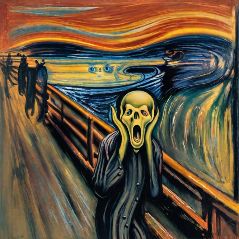  the scream by munc hyperrealistic, full body, detailed clothing, highly detailed, cinematic lighting, stunningly beautiful, intricate, sharp focus, f/1. 8, 85mm, (centered image composition), (professionally color graded), ((bright soft diffused light)), volumetric fog, trending on instagram, trending on tumblr, HDR 4K, 8K