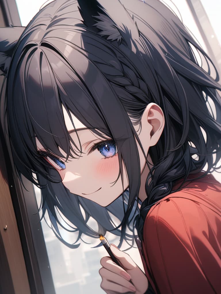  fox ears, smiles, hair tip blue, black hair, cute, virtual, short hair, braided ears, the cutest in the world, blue, blue, cigarette, illness, masterpiece, best quality,8k,ultra detailed,high resolution,an extremely delicate and beautiful,hyper detail