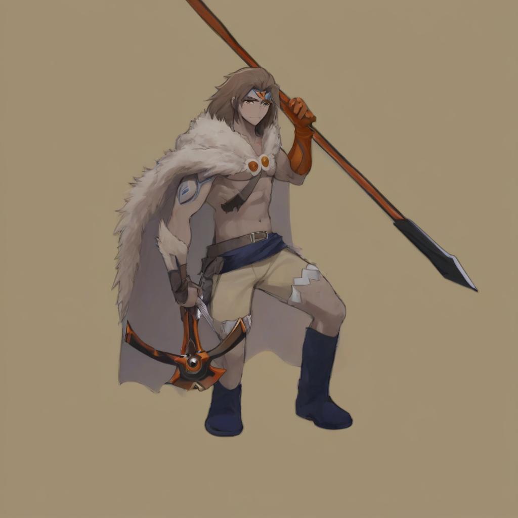  anime artwork human , strong, tribe man, crossbow, brown fur cape , brown eyes, . anime style, key visual, vibrant, studio anime, highly detailed