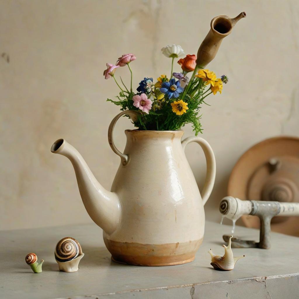  hyperrealistic art unusual cute ceramic kettle with a long nose, bruises on the surface, flowers from a vase, ceramic snail shell, tools for clay, stack, room table in the workshop, beige concrete walls . extremely high resolution details, photographic, realism pushed to extreme, fine texture, incredibly lifelike, film photography style