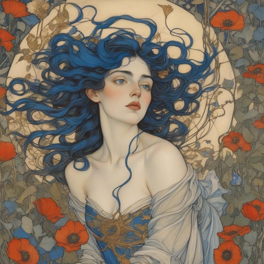  painting by arthur rackham and egon schiele depicting a wind goddess, she is a shooting star and a fallen angel, surrounded by beautiful flora, poppies, roses, lilies, morning glories, intricate golden vines, highly detailed azure eyes, luxurious dark hair with botticelli curls in a breeze, with cupids bow lips, wearing gently flowing gossamer silk in blues and gold.