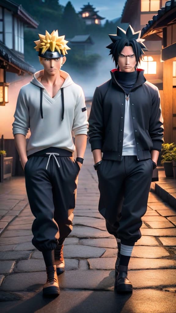  naruto and sasuke from naruto standing together, determined, with the village in the background, anime art hyperrealistic, full body, detailed clothing, highly detailed, cinematic lighting, stunningly beautiful, intricate, sharp focus, f/1. 8, 85mm, (centered image composition), (professionally color graded), ((bright soft diffused light)), volumetric fog, trending on instagram, trending on tumblr, HDR 4K, 8K