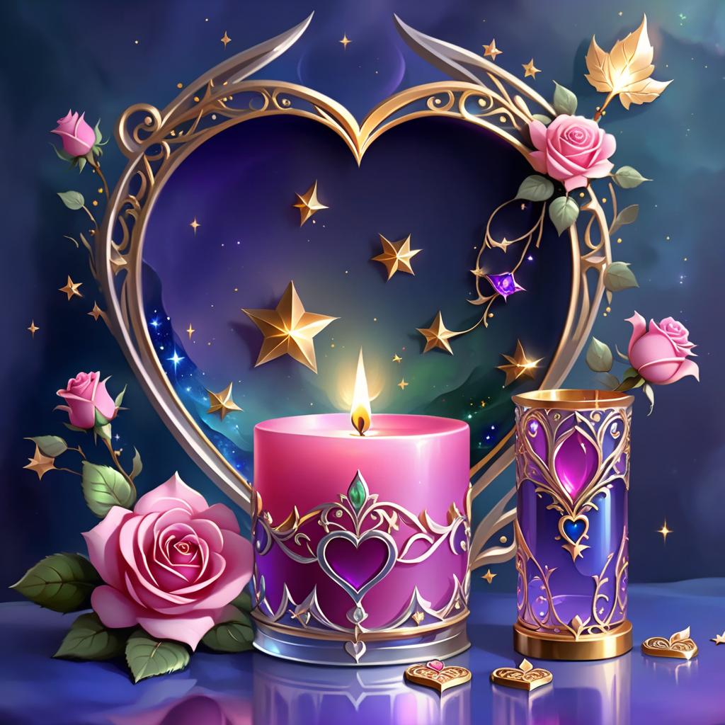  ethereal fantasy concept art of (background):colour:violet blue. (background decoration):silver frames in the shape of hearts and gold fancy stars. (centre):glass square pink candlestick and lighter decorated with fancy roses. (rose colour):pink, dark pink, with cream border. (leaf colour):dark green, green blue, light green. (style):fantasy, fantasy art design, jewellery, interior. . magnificent, celestial, ethereal, painterly, epic, majestic, magical, fantasy art, cover art, dreamy