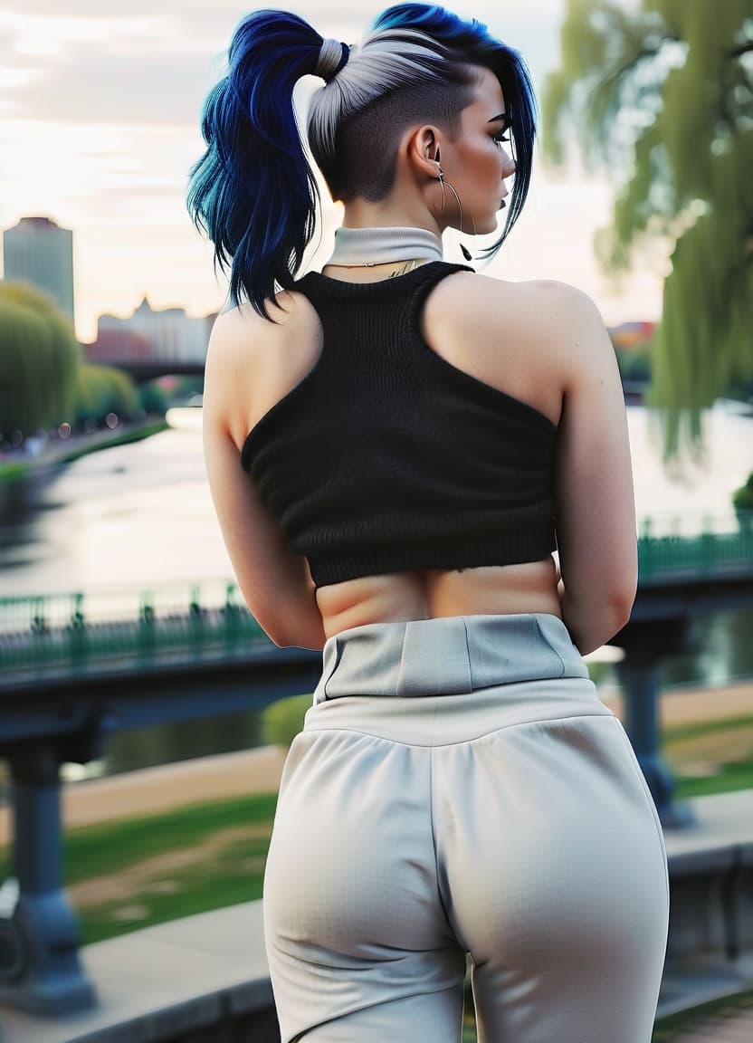  fashion editorial style a back view, a girl with blue hair gathered in a ponytail, gray eyes, a black wool top, white wide pants, a sports ass, a large bust, against the background of a city park with a river. . high fashion, trendy, stylish, editorial, magazine style, professional, highly detailed, perfecteyes