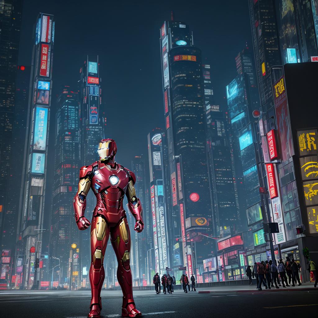  masterpiece, best quality, Best quality, masterpiece, 8k resolution, realistic, highly detailed, close up of Iron Man. In a cyberpunk-style night scene of the city, he stands on a street lined with tall buildings. The city's night lights are bright, The surrounding buildings and streets are filled with cyberpunk elements such as neon lights, high-tech devices, and futuristic architectural designs.