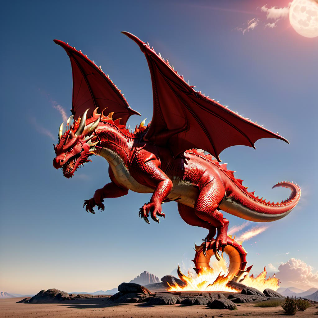  professional 3d model full length 3d dragon, pixar style, dragon illumination from all sides, dragon in a 3/4 turn, red dragon, with wings, dragon soars in the air, dragon looks into the camera, fire bursts out of the dragon's mouth, painted scales on the dragon's skin, funny facial expressions, minimalism, direct soft light, outlined in red light. . octane render, highly detailed, volumetric, dramatic lighting, civitai