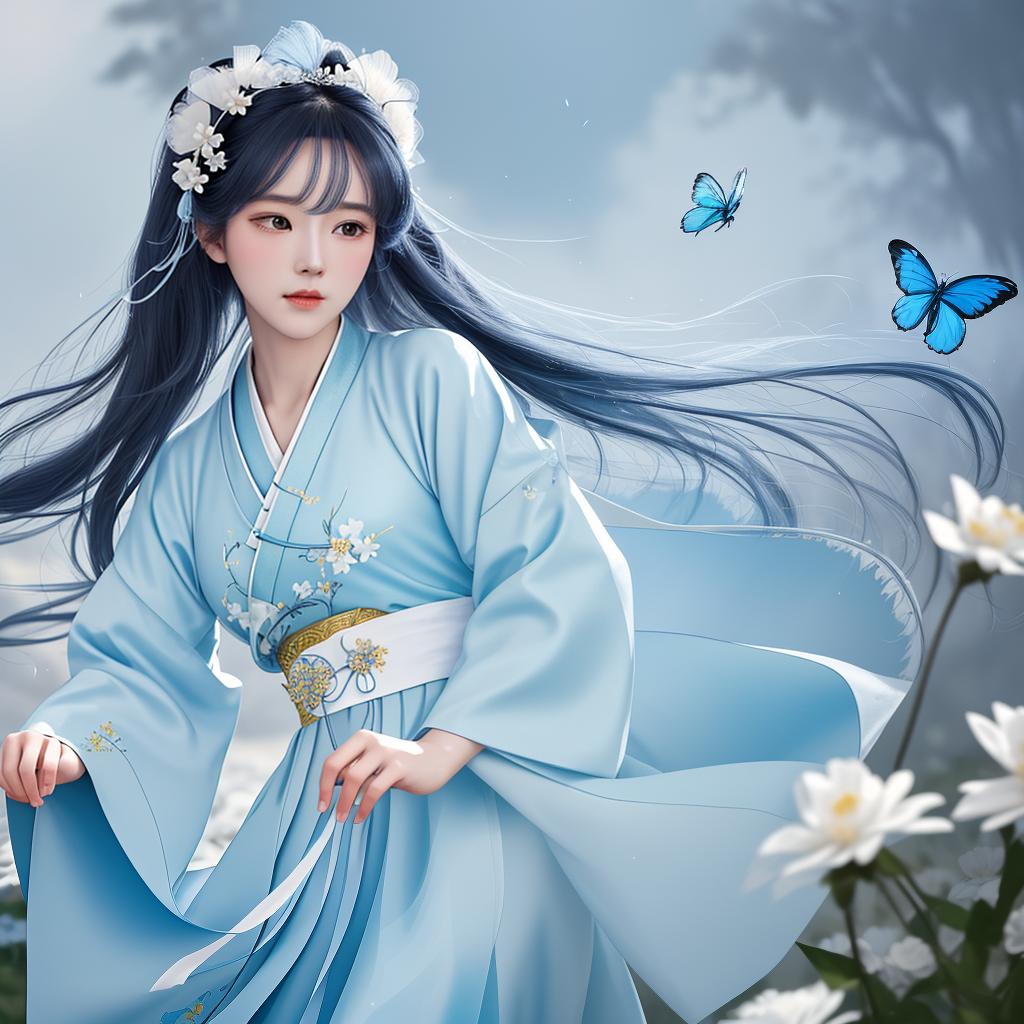  masterpiece, best quality, (Fidelity: 1.4), Best Quality, Masterpiece, Ultra High Resolution, Poster, Fantasy Art, Very Detailed Faces, 8k resolution, Chinese Style, An woman, Side Face, Quiet, Light Blue Hanfu, Tulle Coat, Long Black Hair, Light Blue Fringed Hair Ornament, Hairpin, White Ribbon, White Flower Bush, Light Blue Butterfly Flying, cinematic lighting effects