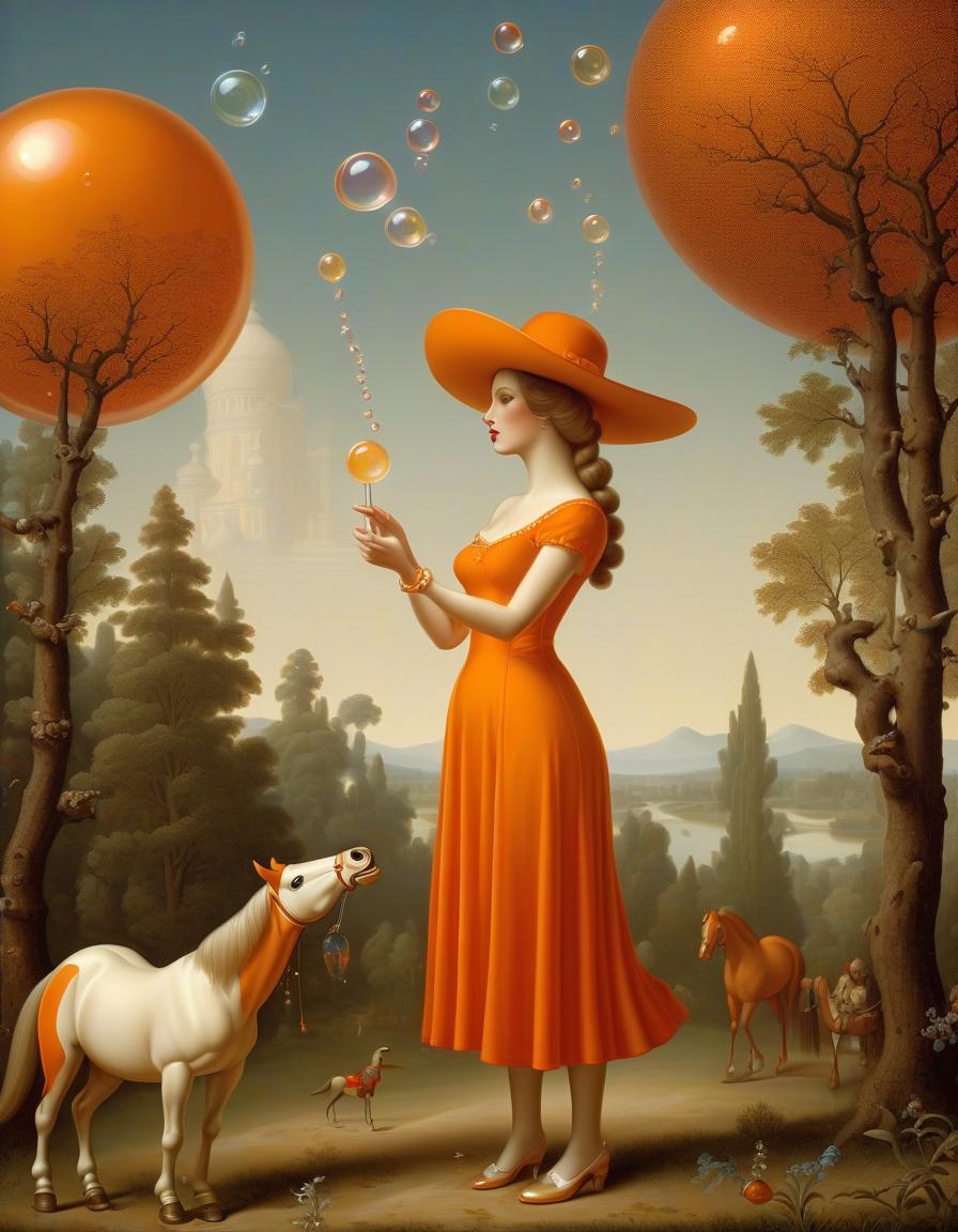  retro game art a woman in an orange dress and white hat is blowing bubbles with her wand, next to which stands the figure of a horse made from porcelain and beads. a bird sits on its head. the background features trees and sky. in the style of andrey remnev . 16 bit, vibrant colors, pixelated, nostalgic, charming, fun