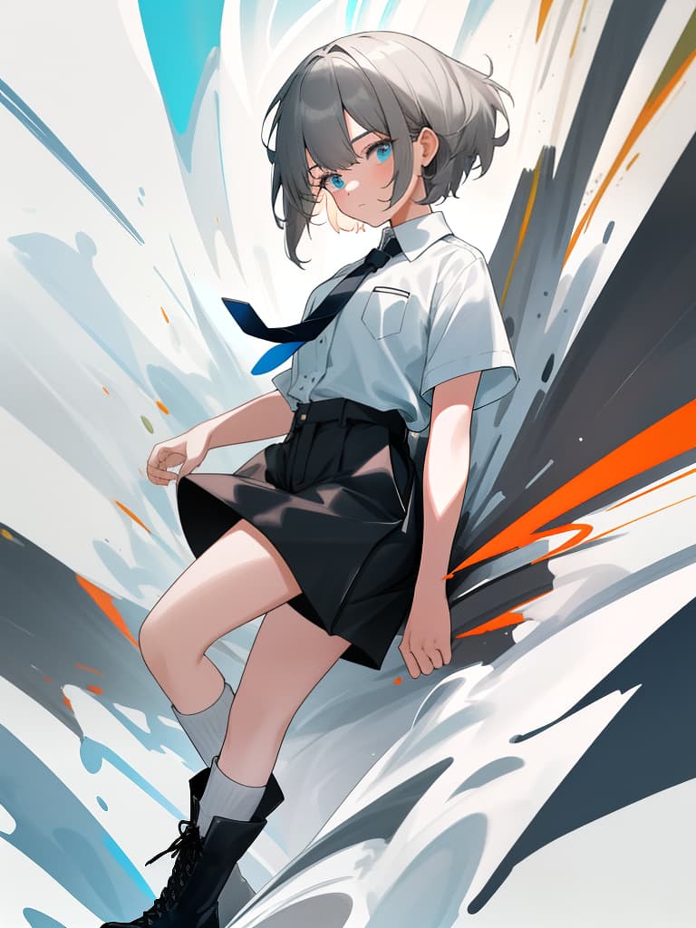  boyish girl, white shirt, tie, boots, black shorts, masterpiece, best quality,8k,ultra detailed,high resolution,an extremely delicate and beautiful,hyper detail