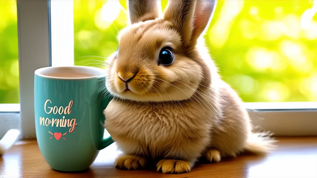  close up of a fluffy bunny with a coffee mug, on the window sill, photo, very cute, wallpaper, good morning, rays of morning sun, fully covered, incredibly beautiful postcard ar 16:9 {prompt}, maximum details