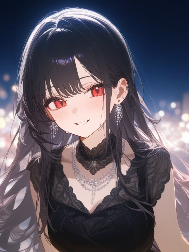  long hair, black hair, hair tips are pink, red eyes, hanging eyes, bangs lengths, smiles, adults, adult faces, piercings, necklaces, black lace clothes, thin makeup, night view, crying smile, hair is light pink and black, masterpiece, best quality,8k,ultra detailed,high resolution,an extremely delicate and beautiful,hyper detail