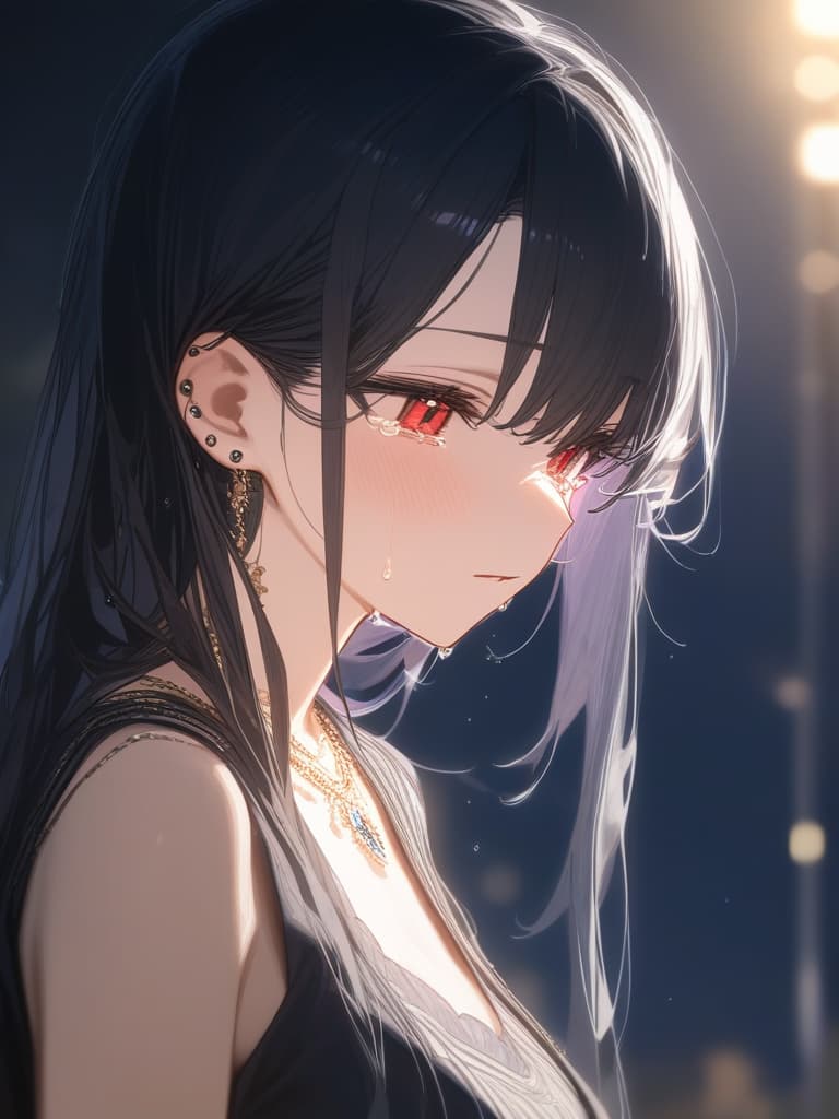  long hair, black hair, hair tips are pink, red eyes, hanging, bangs, and length of bangs, adults, adult faces, piercings, necklaces, thin makeup, night view, hair are light pink and black, crying. there is tears, masterpiece, best quality,8k,ultra detailed,high resolution,an extremely delicate and beautiful,hyper detail