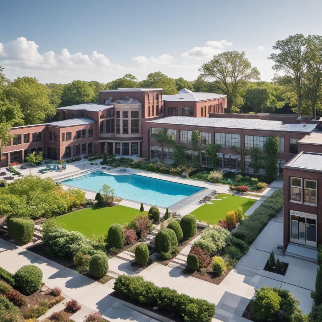  high school exterior aerial layout with lots of windows arches a courtyard in the middle with a garden, pool and rooftop art space and curb appeal, mystical style