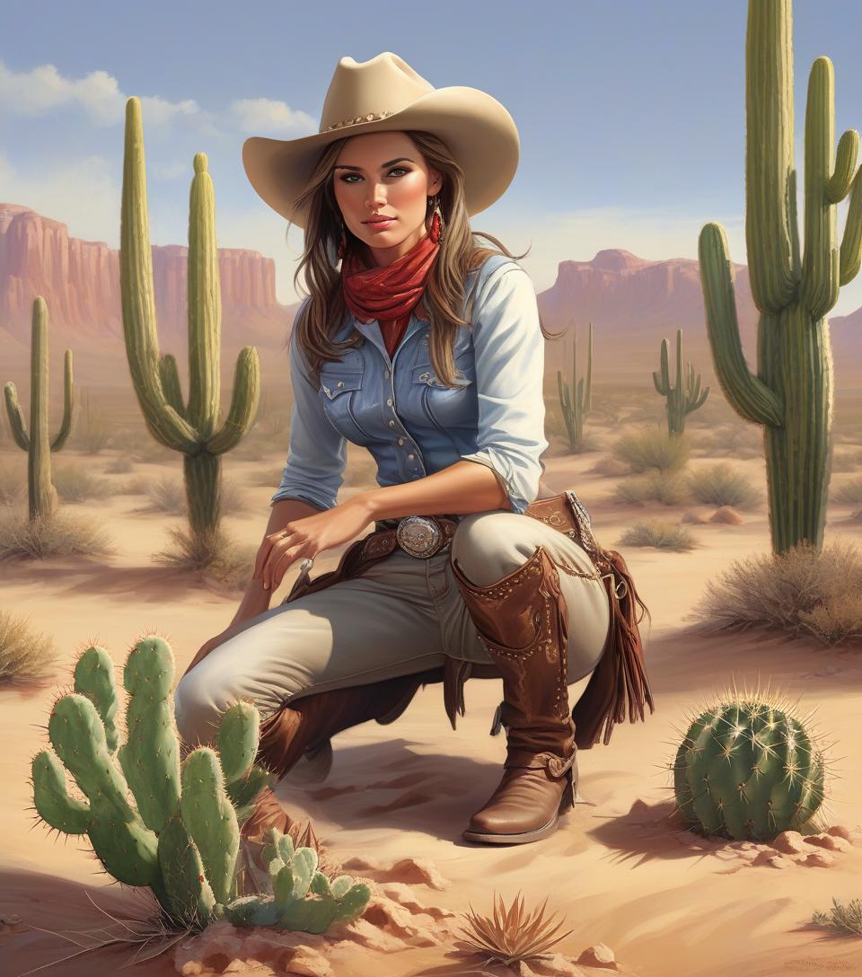  arafed woman in cowboy outfit kneeling in desert with cactus, female cowgirl, by mort künstler, by magali villeneuve, by pamela ascherson, highly detailed digital painting, cowgirl, western art, in stunning digital paint, western cowgirl, realistic digital painting, smiling woman, photorealistic digital painting, ultradetailed digital painting