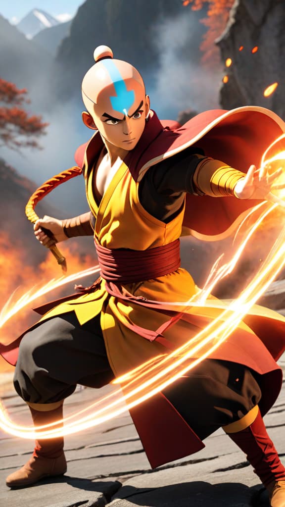  anime art: aang's avatar state mastery overpowering zuko, azula, and ozai in epic battles. hyperrealistic, full body, detailed clothing, highly detailed, cinematic lighting, stunningly beautiful, intricate, sharp focus, f/1. 8, 85mm, (centered image composition), (professionally color graded), ((bright soft diffused light)), volumetric fog, trending on instagram, trending on tumblr, HDR 4K, 8K