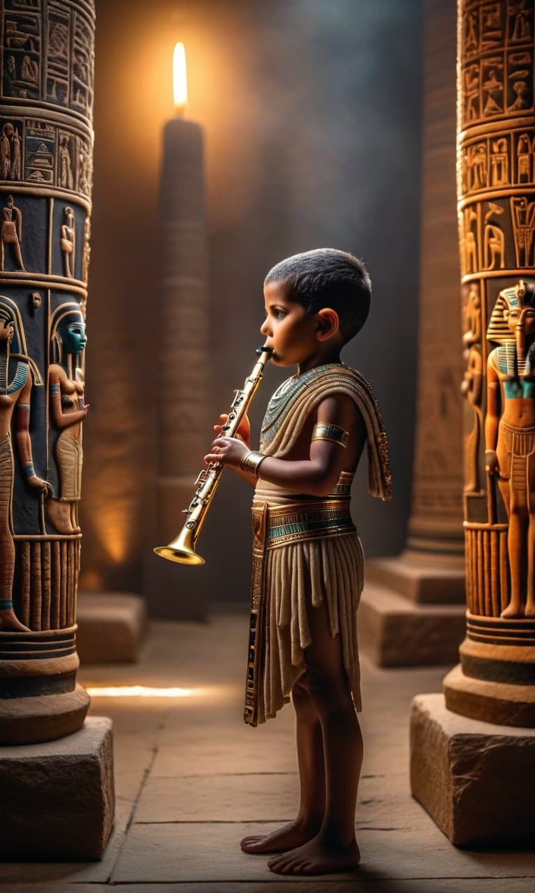  horror themed the little boy plays the flute against the back of ancient egyptians . eerie, unsettling, dark, spooky, suspenseful, grim, highly detailed hyperrealistic, full body, detailed clothing, highly detailed, cinematic lighting, stunningly beautiful, intricate, sharp focus, f/1. 8, 85mm, (centered image composition), (professionally color graded), ((bright soft diffused light)), volumetric fog, trending on instagram, trending on tumblr, HDR 4K, 8K