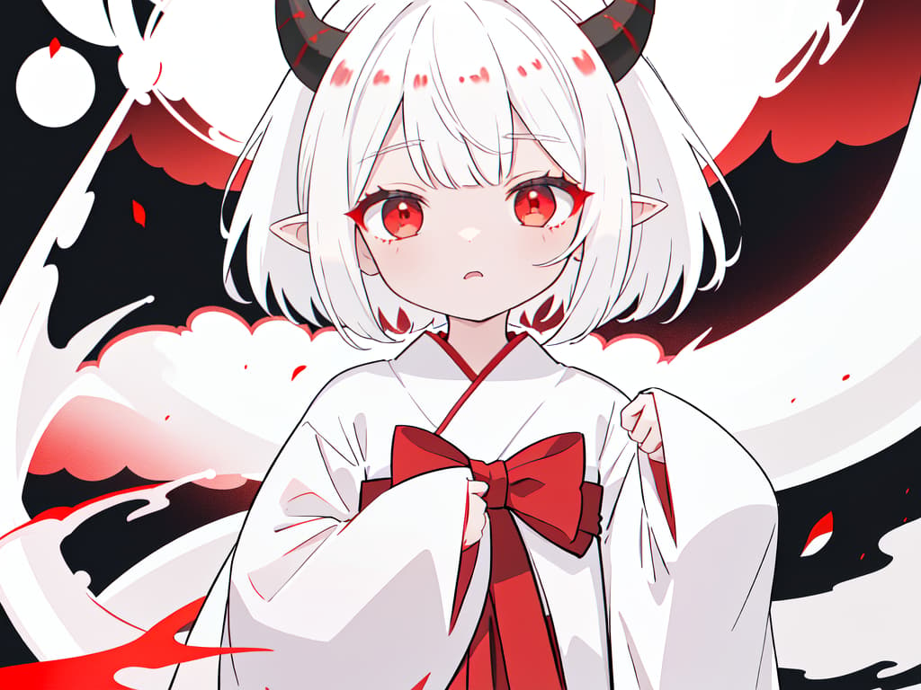  there are horns, girls, sharp ears, hakama, hanging, short hair, white hair, dragon's daughter, red and white hakama, red eyes, black horns, masterpiece, best quality,8k,ultra detailed,high resolution,an extremely delicate and beautiful,hyper detail