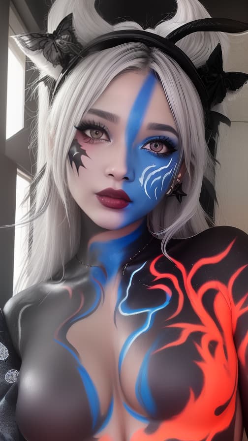  Black body paint all over the body,grey face paint on the face,blue lightning pattern body paint on the right half body, Red flame pattern body paint on the left half body, succubus, full body image 女性