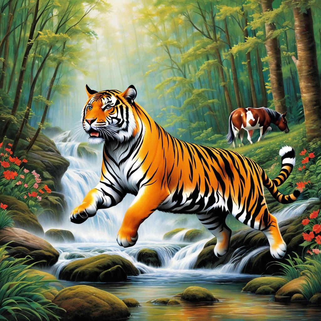  tigers and pigs and horses, jumping in the woods。, award winning, professional, highly detailed, masterpiece