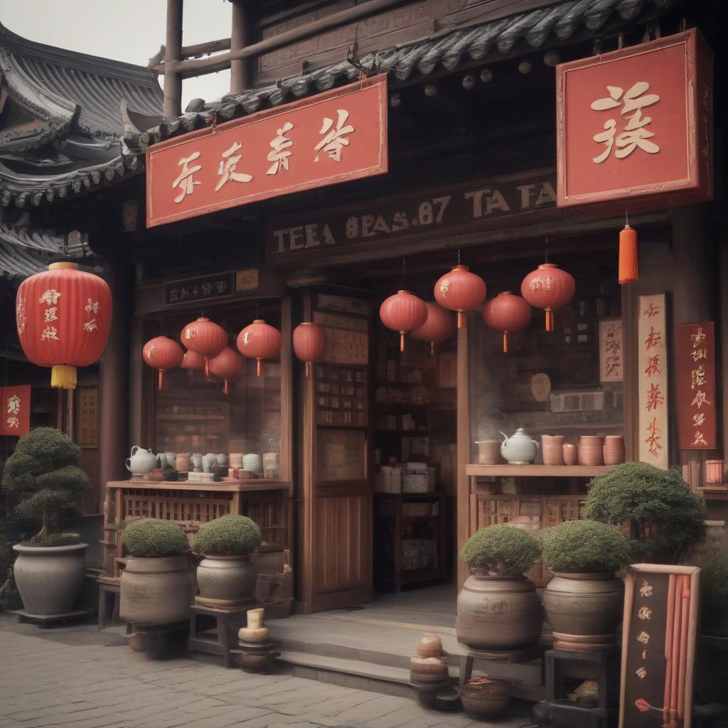  chinese town, tea store, tea ceremony, sign text “tea875”, epic foto, 4k