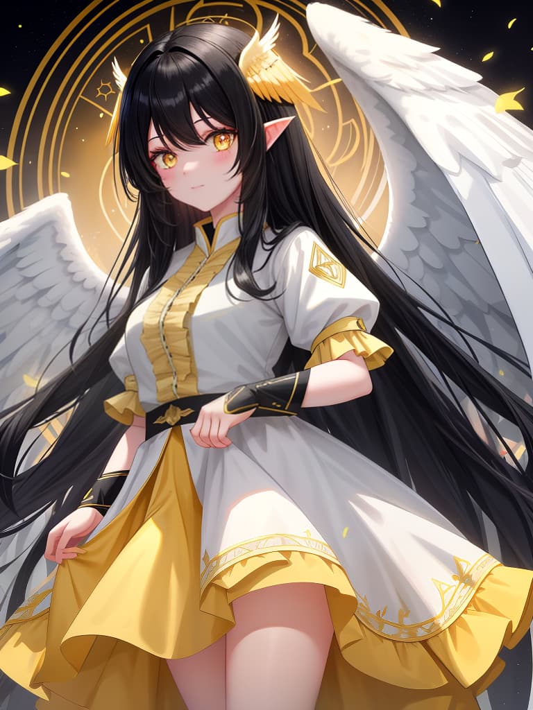  black hair, long hair, angel, cute face, girl, angel wings, yellow eyes, masterpiece, best quality,8k,ultra detailed,high resolution,an extremely delicate and beautiful,hyper detail