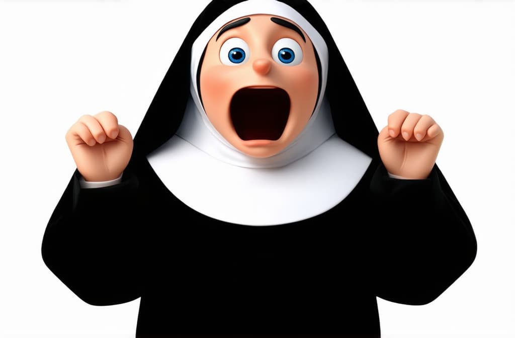  shocked surprised nun isolated on white background, funny 3d cartoon illustration ar 3:2 {prompt}, maximum details